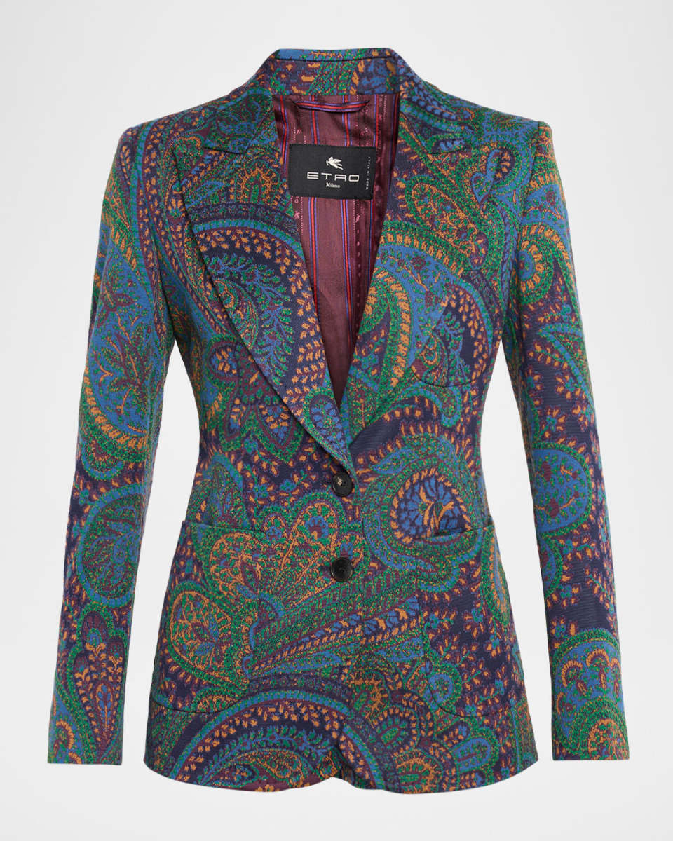 Paisley Green Knit Jacquard Single-Breasted Jacket